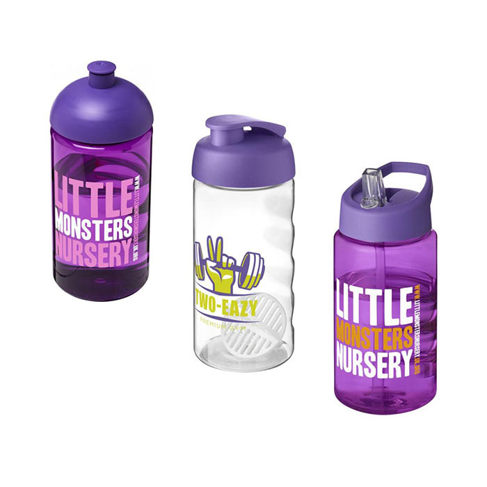 Purple H<sub>2</sub>O Active® Bop 500ml Sports Bottle -  Dome Lid (L) Flip Lid & Shaker Ball (C), Spout Lid (R)