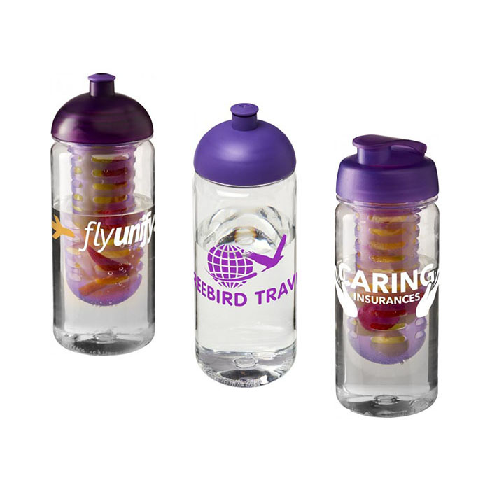 Purple H<sub>2</sub>O Active® Octave Tritan™ 600ml Sports Bottle - Dome Lid & Infuser (L), Dome Lid (C), Flip Lid & Infuser (R)