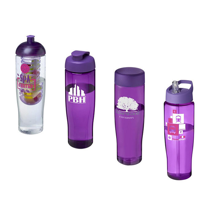 Purple H<sub>2</sub>O Active® Tempo 700ml Sports Bottle - Showing A Selection of Lids & Accessories
