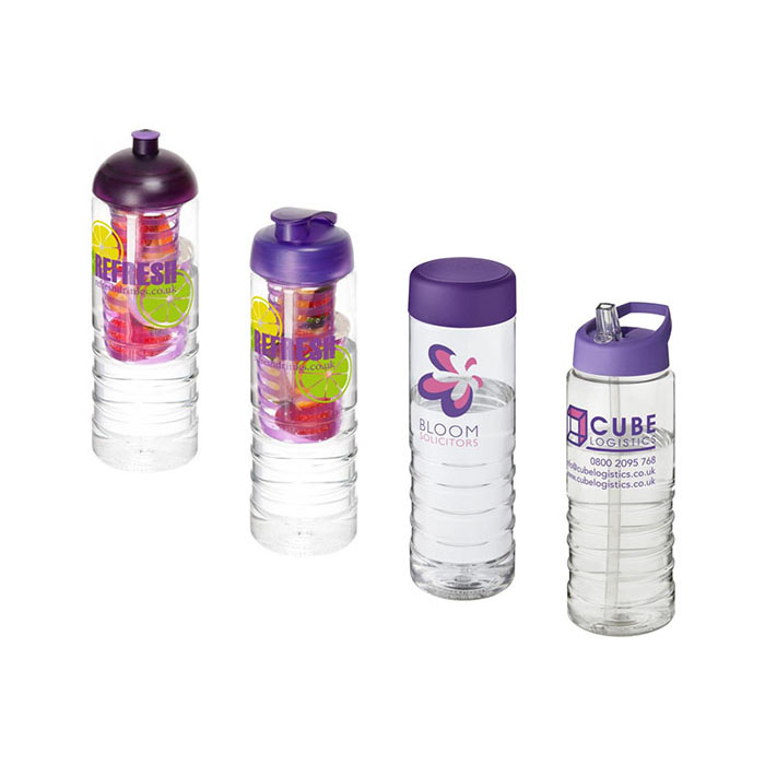 Purple H<sub>2</sub>O Active® Treble 750ml Sports Bottle - Showing A Selection of Lids & Accessories