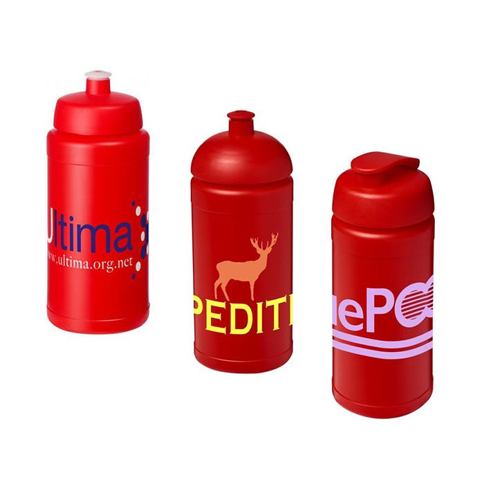 Red Baseline Plus® 500ml Sports Bottles - Sports Lid (L), Dome Lid (C), Flip Lid (R)