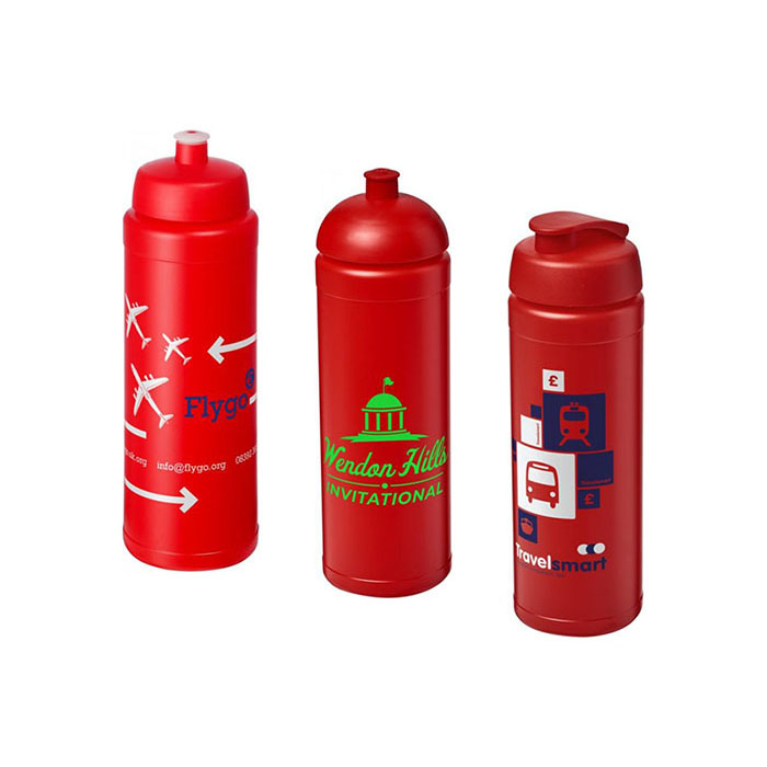 Red Baseline Plus® 750ml Sports Bottles with Sports Lid (L), Dome Lid (C), Flip Lid (R)