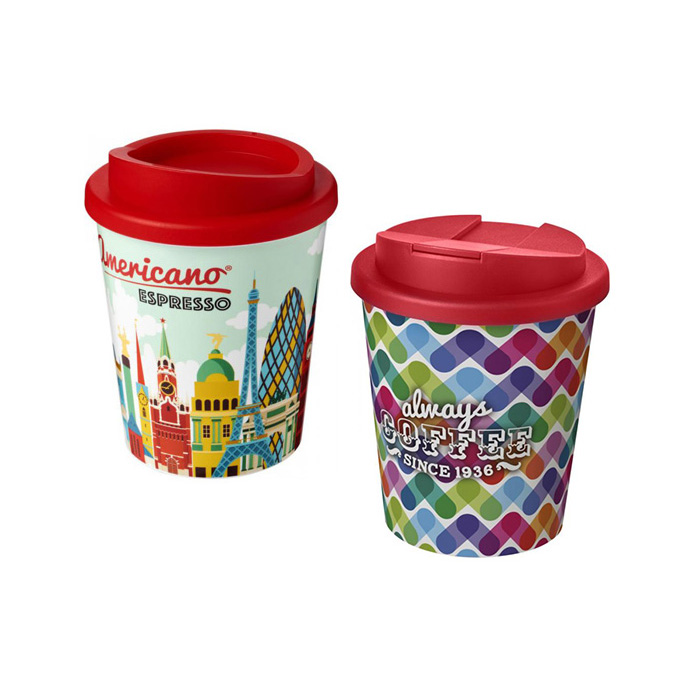 Red Brite-Americano® Espresso 250ml Tumblers with Twist-on (L) and Spill-proof (R) Lids