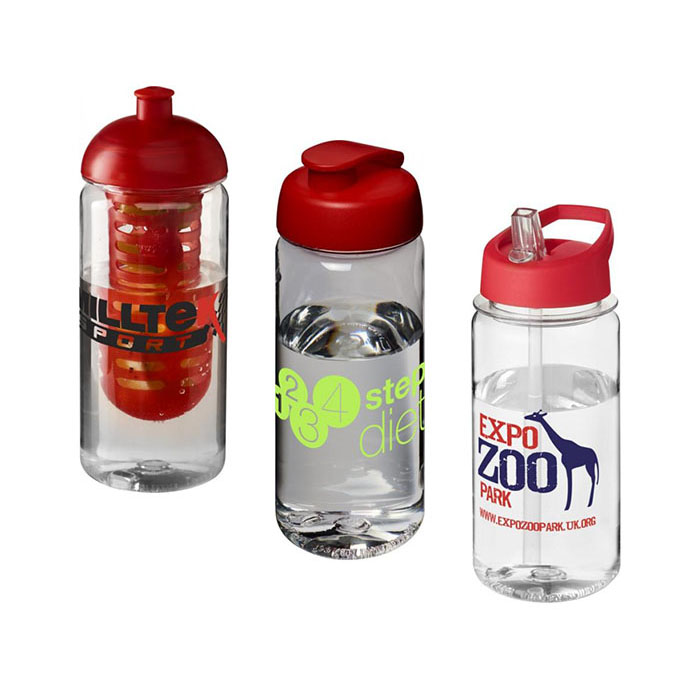 Red H<sub>2</sub>O Active® Octave Tritan™ 600ml Sports Bottle - Dome Lid & Infuser (L), Flip Lid (C), Spout Lid (R)