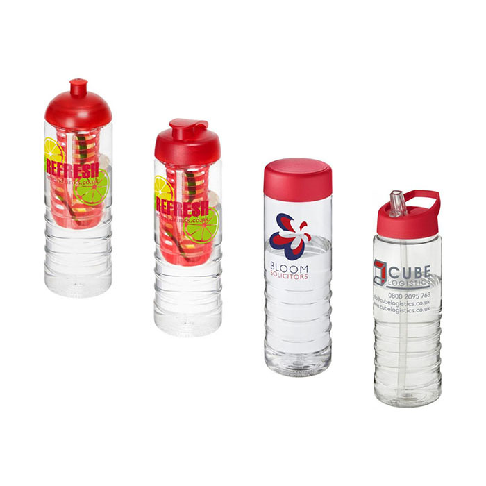 Red H<sub>2</sub>O Active® Treble 750ml Sports Bottle - Showing A Selection of Lids & Accessories