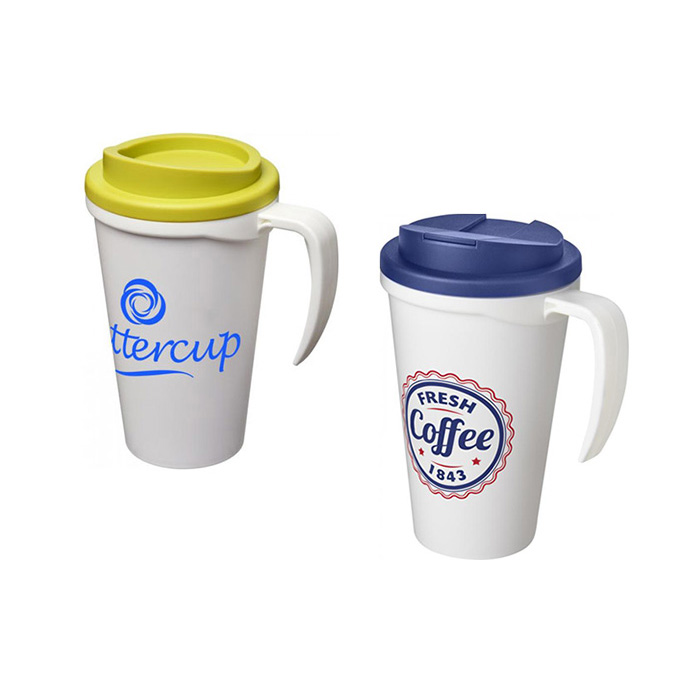 White Americano® Grande 250ml Mugs with Twist-On (L) and Spill-Proof (R) Lids