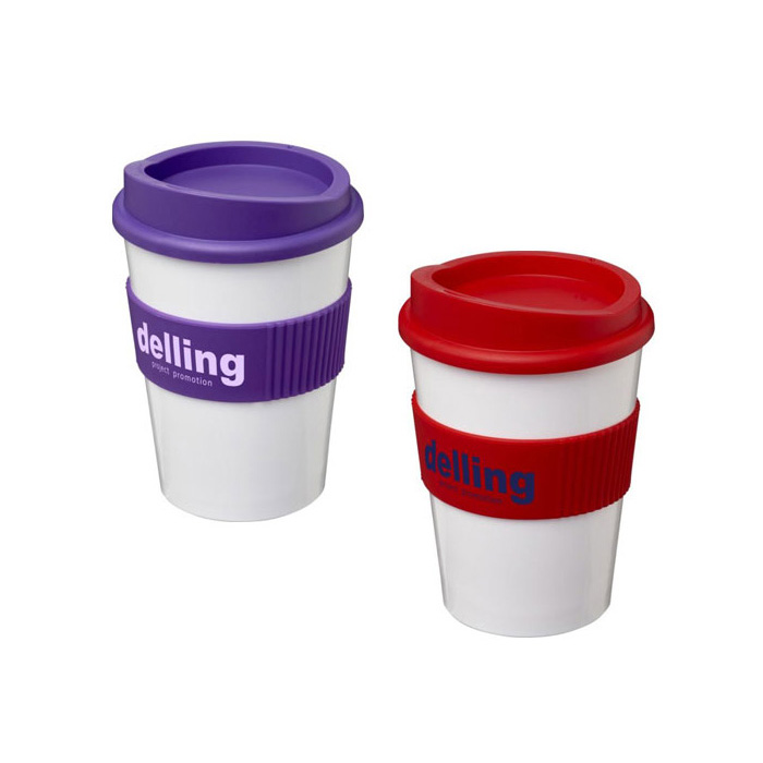 White Americano® Medio 300ml Tumblers with Grip - Purple & Red Grips/Lids