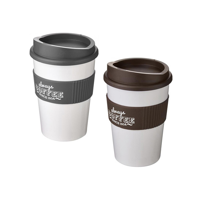 White Americano® Medio 300ml Tumblers with Grip - Grey & Brown Grips/Lids