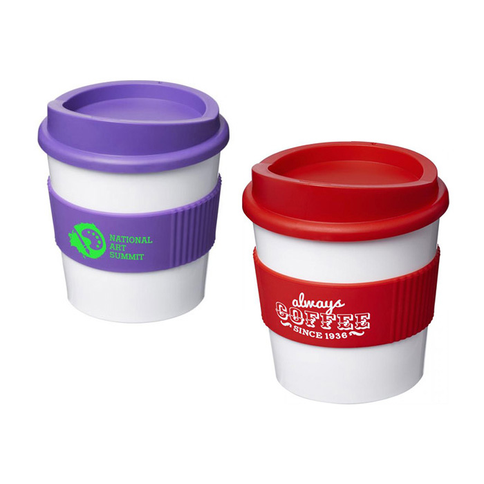 White Americano® Primo 250ml Tumblers with Grip - Red & Purple Grips/Lids