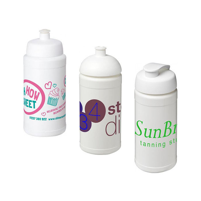White Baseline Plus® 500ml Sports Bottles - Sports Lid (L), Dome Lid (C), Flip Lid (R)