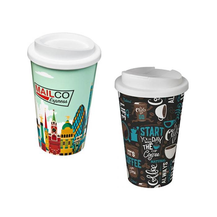 White Brite-Americano® 350ml Tumblers with Twist-On (L) and Spill-Proof (R) Lids