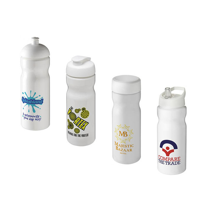 White H<sub>2</sub>O Active® Base 650ml Sports Bottle - Showing Solid White Colour & A Selection of Lids & Accessories