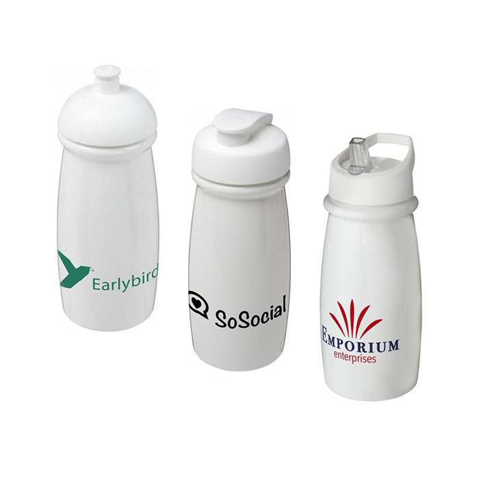 White H<sub>2</sub>O Active® Pulse 600ml Sports Bottle - Dome Lid (L), Flip Lid (C), Spout Lid (R)
