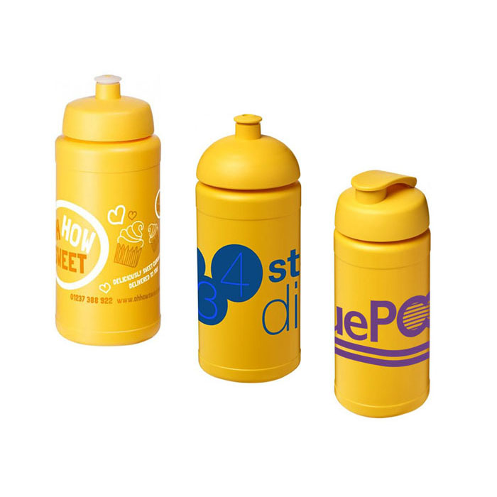 Yellow Baseline Plus® 500ml Sports Bottles - Sports Lid (L), Dome Lid (C), Flip Lid (R)