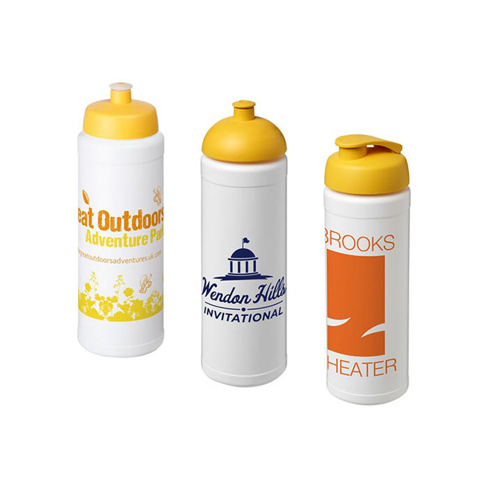 Yellow Baseline Plus® 750ml Sports Bottles - Yellow Sports Lid (L), Dome Lid (C), Flip Lid (R)
