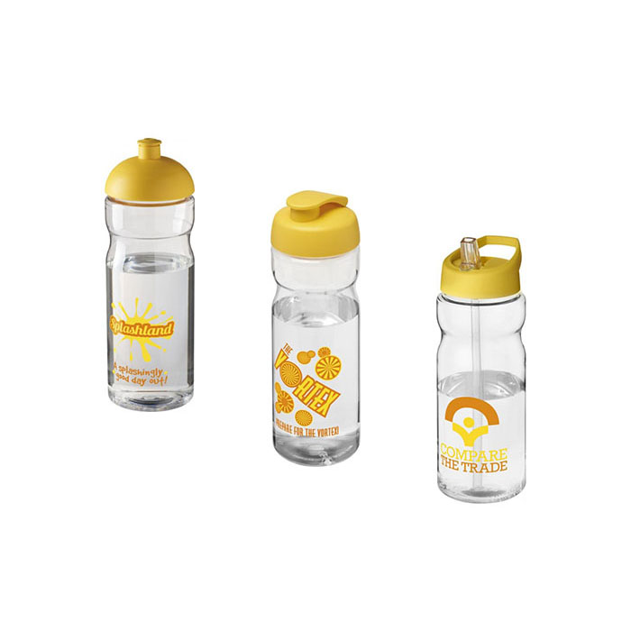 Yellow H<sub>2</sub>O Active® Base 650ml Sports Bottle - Showing A Selection of Lids & Accessories
