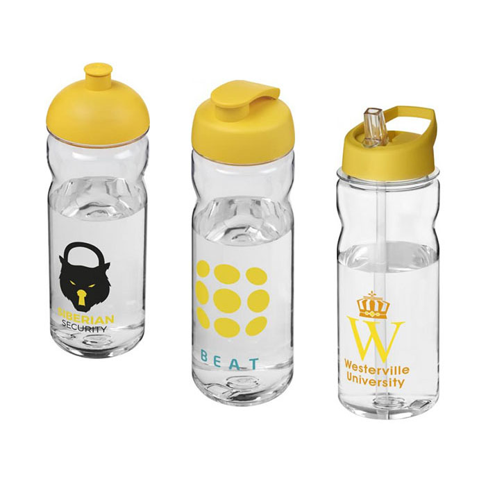 Yellow H<sub>2</sub>O Active® Base Tritan™ 650ml Sports Bottle - Dome Lid (L), Flip Lid (C), Spout Lid (R)